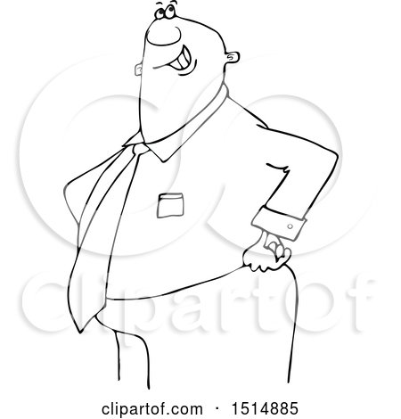 Clipart of a Cartoon Black and White Happy Chubby Business Man with His Hands on His Hips - Royalty Free Vector Illustration by djart