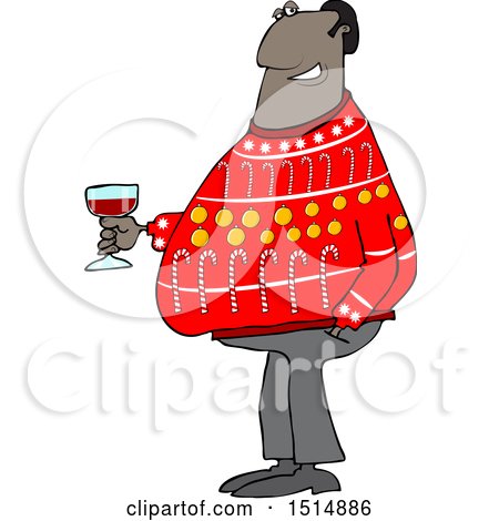 Clipart of a Cartoon Black Man in an Ugly Christmas Sweater, Holding a Glass of Wine - Royalty Free Vector Illustration by djart