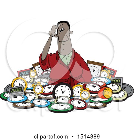 Clipart of a Confused Black Man in a Pile of Clocks - Royalty Free Vector Illustration by djart