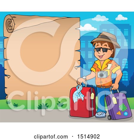 Clipart of a Male Tourist and Blank Parchment Scroll - Royalty Free Vector Illustration by visekart