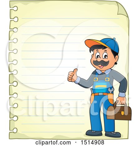 Clipart of a Sheet of Ruled Paper and a Male Plumber - Royalty Free Vector Illustration by visekart