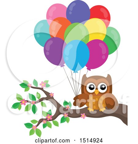 Clipart of a Brown Owl Holding Balloons on a Branch - Royalty Free Vector Illustration by visekart