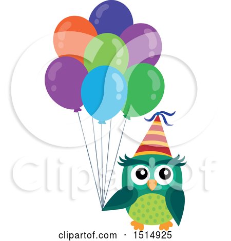 Clipart of a Green Party Owl Holding Balloons - Royalty Free Vector Illustration by visekart