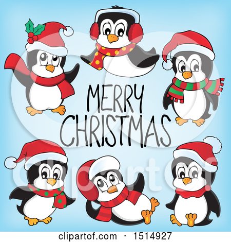 Clipart of a Merry Christmas Greeting with Penguins on Blue - Royalty Free Vector Illustration by visekart