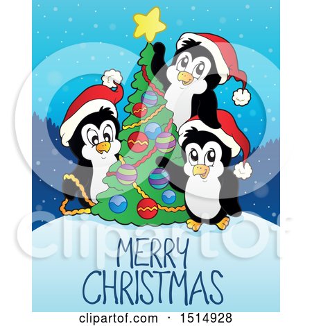 Clipart of a Merry Christmas Greeting with Penguins Decorating a Tree - Royalty Free Vector Illustration by visekart