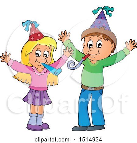 Clipart of a Boy and Girl Celebrating at a Party - Royalty Free Vector Illustration by visekart