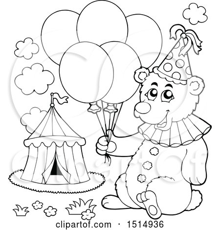 Clipart of a Black and White Circus Bear Holding Balloons - Royalty Free Vector Illustration by visekart