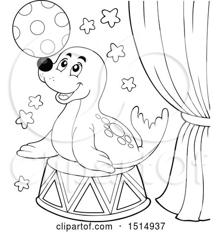 Clipart of a Black and White Circus Seal Playing with a Ball - Royalty Free Vector Illustration by visekart