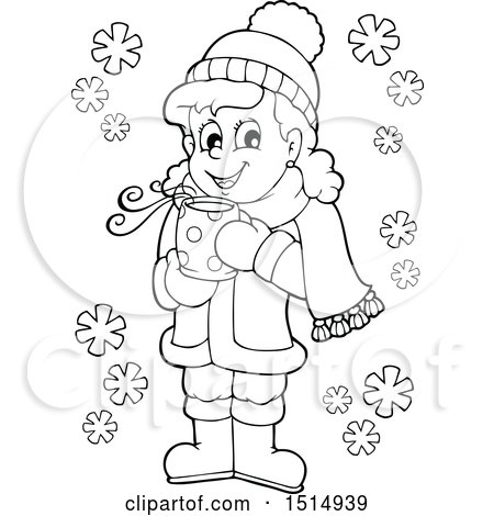 Clipart of a Black and White Girl Drinking Hot Cocoa - Royalty Free Vector Illustration by visekart