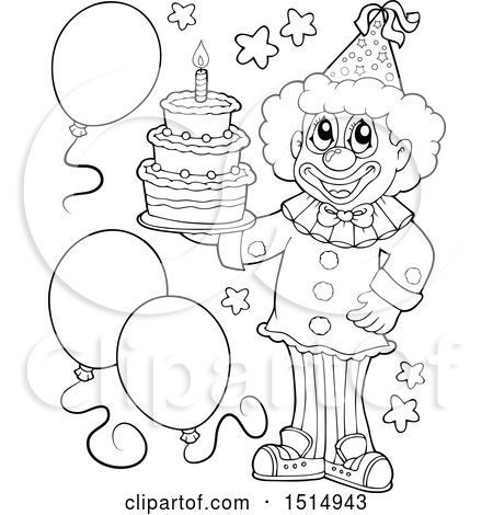 Clipart of a Black and White Clown Holding a Birthday Cake - Royalty Free Vector Illustration by visekart