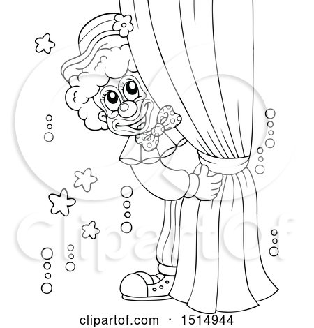 Clipart of a Black and White Circus Clown Behind Drapes - Royalty Free Vector Illustration by visekart