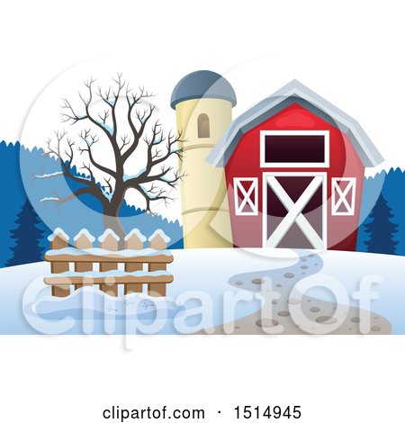 Clipart of a Red Barn and Silo in the Winter - Royalty Free Vector Illustration by visekart