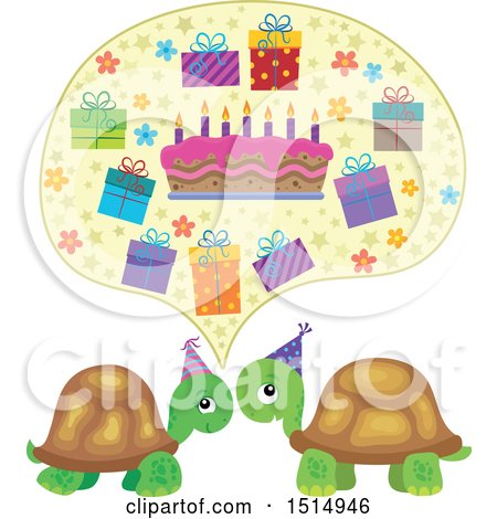 Clipart of a Speech Balloon with a Birthday Cake and Gifts Under Turtles - Royalty Free Vector Illustration by visekart