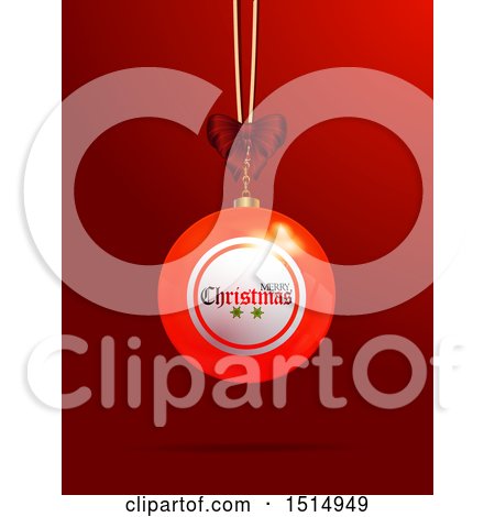 Clipart of a Suspended 3d Merry Christmas Bingo or Lottery Ball over Red - Royalty Free Vector Illustration by elaineitalia
