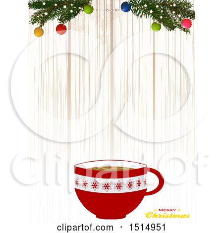 Clipart of a Merry Christmas Greeting with a Coffee Cup over Wood, with Branches - Royalty Free Vector Illustration by elaineitalia