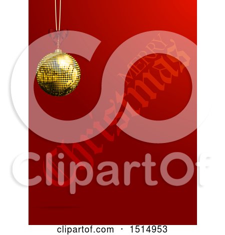 Clipart of a 3d Suspended Gold Disco Ball Ornament over Red with Merry Christmas Text - Royalty Free Vector Illustration by elaineitalia
