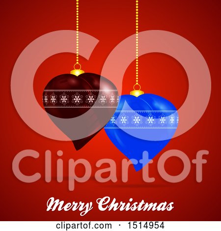 Clipart of a Merry Christmas Greeting with 3d Heart Ornaments on Red - Royalty Free Vector Illustration by elaineitalia