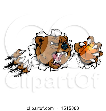 Clipart of a Vicious Aggressive Bear Mascot Slashing Through a Wall with a Basketball in a Paw - Royalty Free Vector Illustration by AtStockIllustration