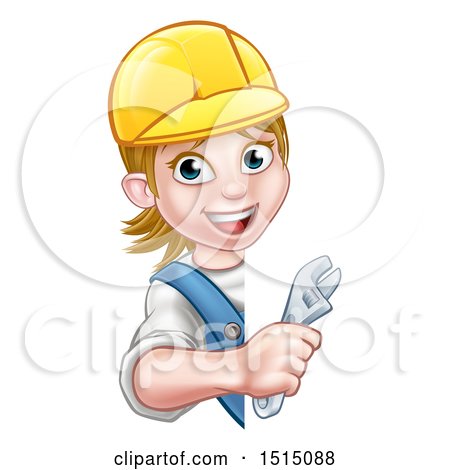 Clipart of a Cartoon Happy White Female Plumber Holding an Adjustable Wrench Around a Sign - Royalty Free Vector Illustration by AtStockIllustration