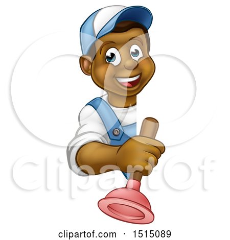 Clipart of a Cartoon Happy Black Male Plumber Holding a Plunger Around a Sign - Royalty Free Vector Illustration by AtStockIllustration