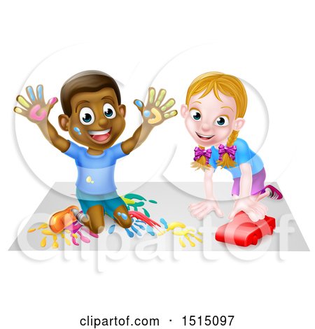 Clipart of a Black Boy Finger Painting and White Girl Playing with a Toy Car - Royalty Free Vector Illustration by AtStockIllustration
