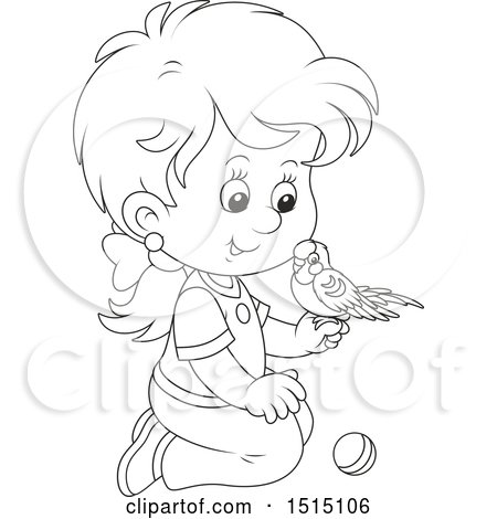 Clipart of a Black and White Girl Kneeling with Her Pet Budgerigar - Royalty Free Vector Illustration by Alex Bannykh