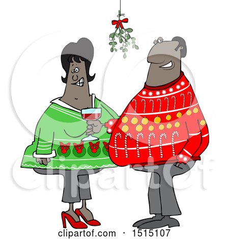 Clipart of a Cartoon Black Couple Under Mistletoe at a Christmas Party - Royalty Free Vector Illustration by djart