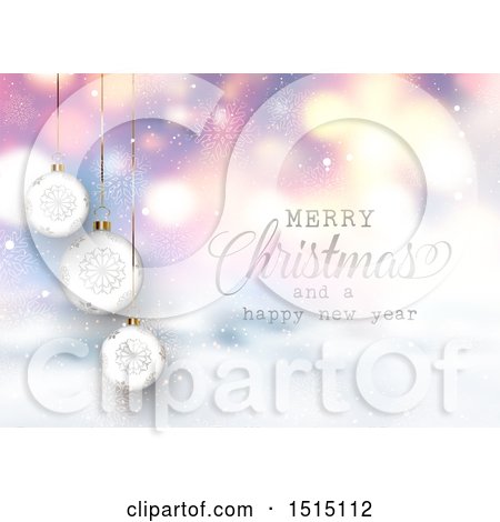Clipart of a Merry Christmas and a Happy New Year Greeting with Suspended Ornaments over Snowflakes and Blur - Royalty Free Vector Illustration by KJ Pargeter