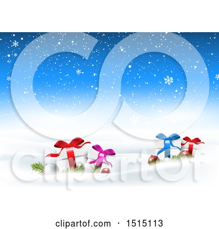 Clipart of a Snowy Christmas Background with Presents and Baubles - Royalty Free Vector Illustration by KJ Pargeter