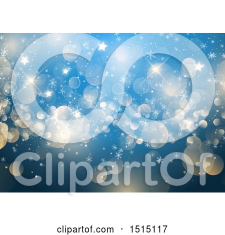 Clipart of a Christmas Background with Winter Snowflakes Stars and Bokeh Flares on Blue - Royalty Free Vector Illustration by KJ Pargeter