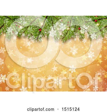 Clipart of a Golden Background with Branches and Snowflakes - Royalty Free Illustration by KJ Pargeter
