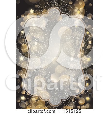 Clipart of a Partially Transparent Christmas Frame with Gold Stars and Flares on Black - Royalty Free Vector Illustration by KJ Pargeter