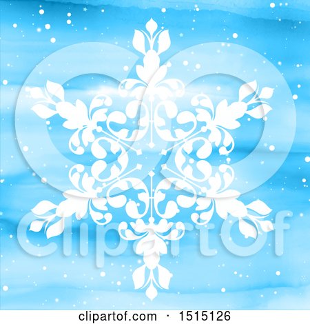 Clipart of a White Snowflake on a Blue Watercolor Background - Royalty Free Vector Illustration by KJ Pargeter