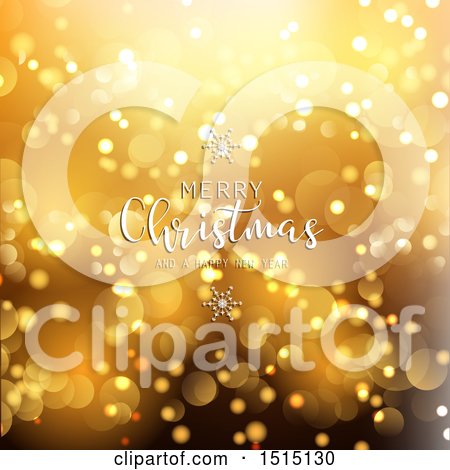 Clipart of a Merry Christmas and a Happy New Year Greeting over Gold Flares - Royalty Free Vector Illustration by KJ Pargeter