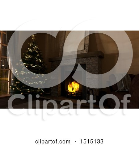 Clipart of a 3d Christmas Tree Next to a Hearth with a Burning Fire - Royalty Free Illustration by KJ Pargeter