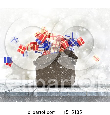 Clipart of a 3d Sack with Gifts Falling out on a Wood Surface - Royalty Free Illustration by KJ Pargeter