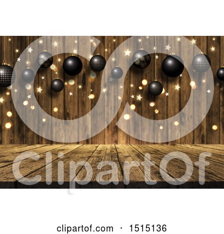Clipart of a 3d Wooden Surface with Golden Flares, Stars and Suspended Black Baubles - Royalty Free Illustration by KJ Pargeter