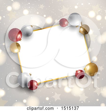 Clipart of a 3d Christmas Bauble Frame over Stars, Snow and Flares - Royalty Free Vector Illustration by KJ Pargeter