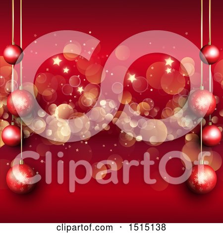 Clipart of a Red Christmas Background with Suspended Red Baubles over Stars and Bokeh - Royalty Free Vector Illustration by KJ Pargeter