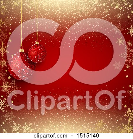 Clipart of a Red Christmas Background with Suspended Glitter Baubles on Red, with Snowflakes and Glitter - Royalty Free Vector Illustration by KJ Pargeter