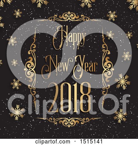 Clipart of a Happy New Year 2018 Greeting in a Gold Frame with Snow and Snowflakes on Black - Royalty Free Vector Illustration by KJ Pargeter