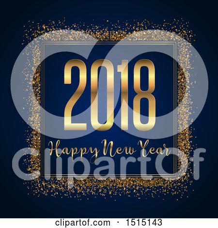 Clipart of a Happy New Year 2018 Greeting in a Gold Glitter Frame on Dark Blue - Royalty Free Vector Illustration by KJ Pargeter
