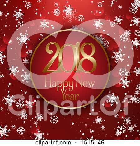Clipart of a Happy New Year 2018 Greeting in a Frame over Red Flares and Snowflakes - Royalty Free Vector Illustration by KJ Pargeter