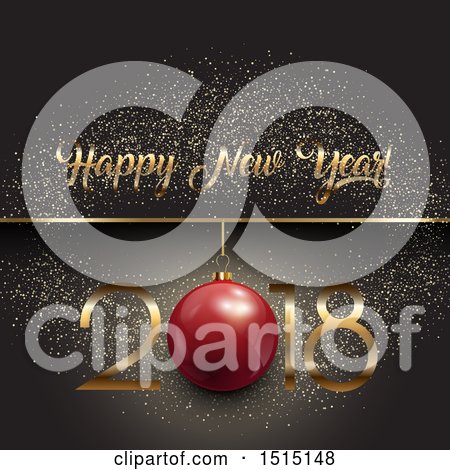 Clipart of a Happy New Year 2018 Greeting with a Bauble over Gray with Glitter - Royalty Free Vector Illustration by KJ Pargeter
