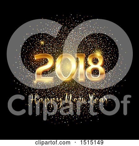 Clipart of a Happy New Year 2018 Greeting with Gold Glitter on Black - Royalty Free Vector Illustration by KJ Pargeter