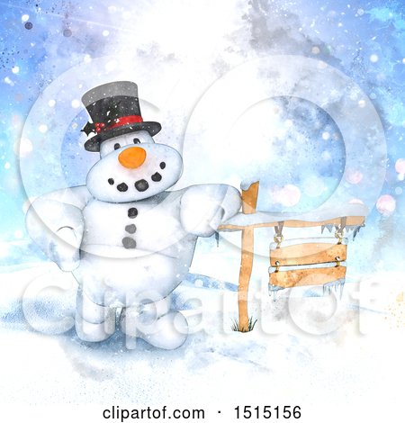 Clipart of a Watercolor Snowman Leaning on a Wood Sign in a Winter Landscape - Royalty Free Illustration by KJ Pargeter