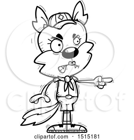Clipart of a Black and White Mad Pointing Female Wolf Scout - Royalty Free Vector Illustration by Cory Thoman