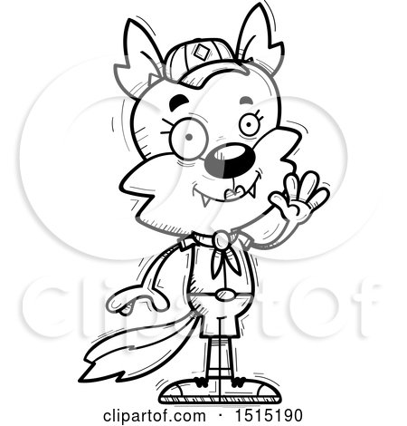 Clipart of a Black and White Waving Female Wolf Scout - Royalty Free Vector Illustration by Cory Thoman