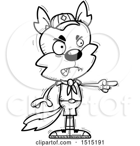 Clipart of a Black and White Mad Pointing Male Wolf Scout - Royalty Free Vector Illustration by Cory Thoman