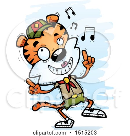 Clipart of a Happy Dancing Female Tiger Scout - Royalty Free Vector Illustration by Cory Thoman